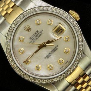 Rolex Mens Datejust Date Oyster Gold Steel Diamond Dial Bezel Watch
